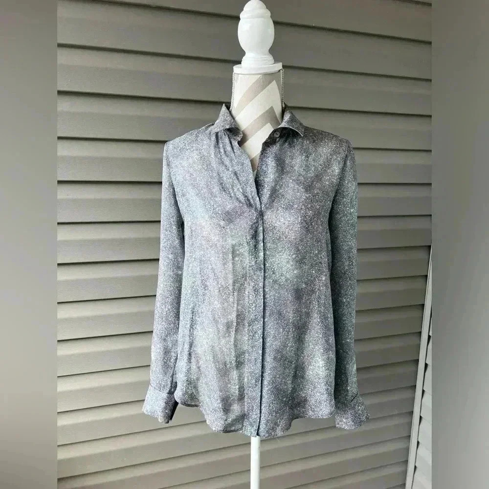 Theory Women's 100% Silk Blouse Noting Burning Glitter Button Sleeve Sz S